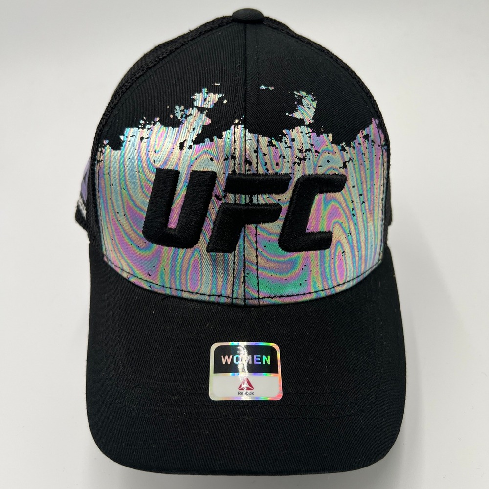 Reebok UFC Womens Trucker Hat Black‎ Iridescent Holographic Snapback Cap NEW
